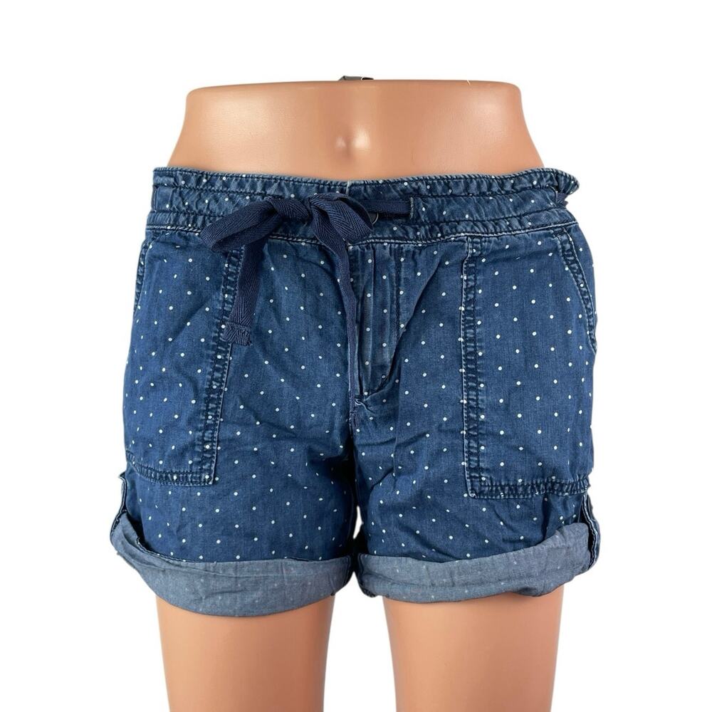 Tommy Hilfiger Women's Blue Polka Dots Cuffed Drawstring Denim Jean Shorts Sz 2